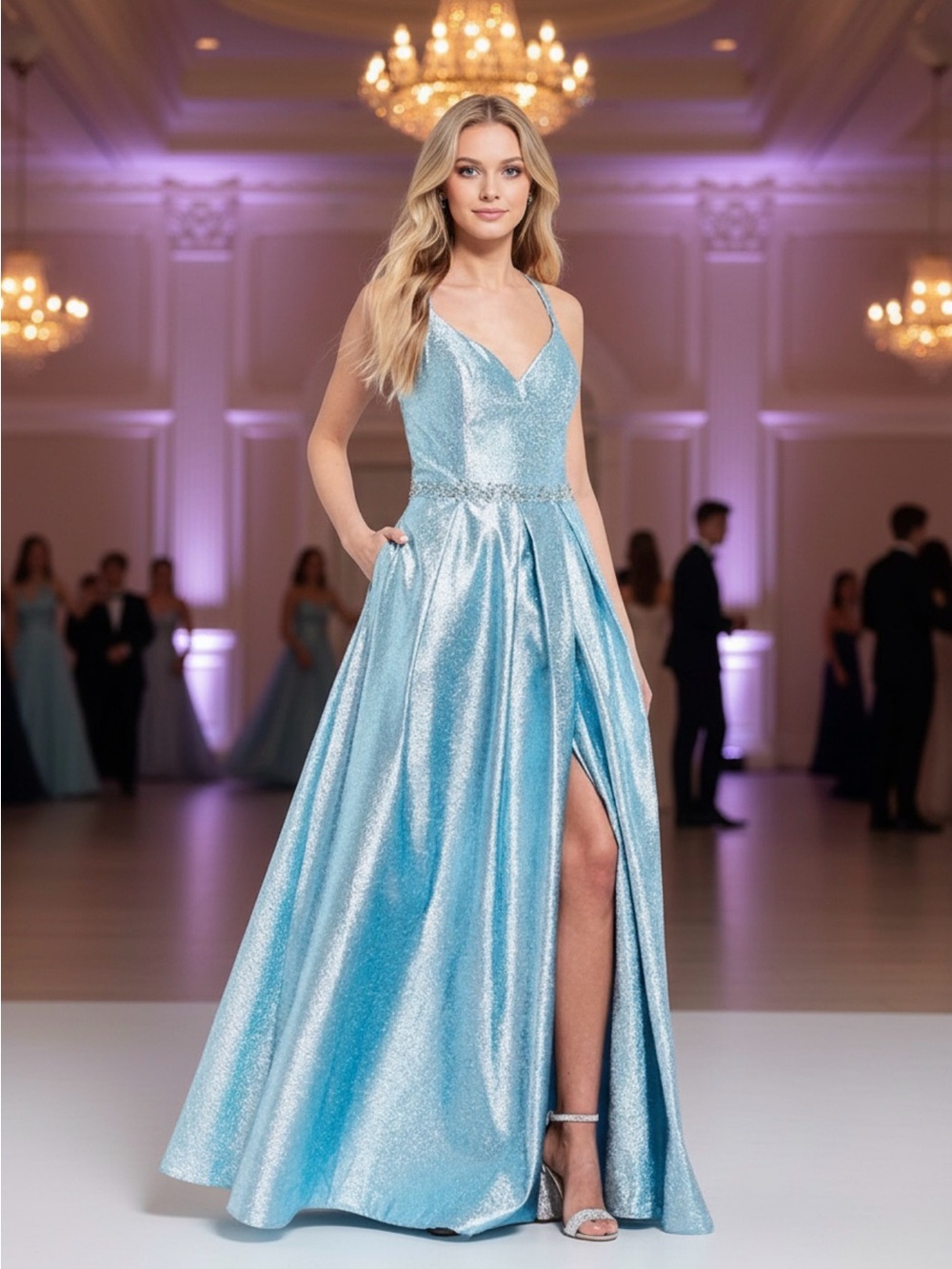 Strappy Back V Neck High Side Slit Beaded Waist Ball Gown
